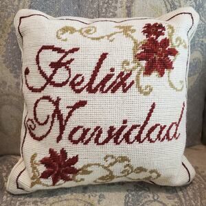 12" Elegant Ivory Handcrafted Wool Needlepoint Christmas Pillow Felix Navidad